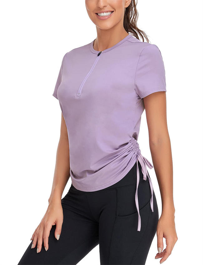 Women Zip Up Short Sleeve Side Drawstring Sports Shirts Quick Dry Workout Golf Running Yoga Top